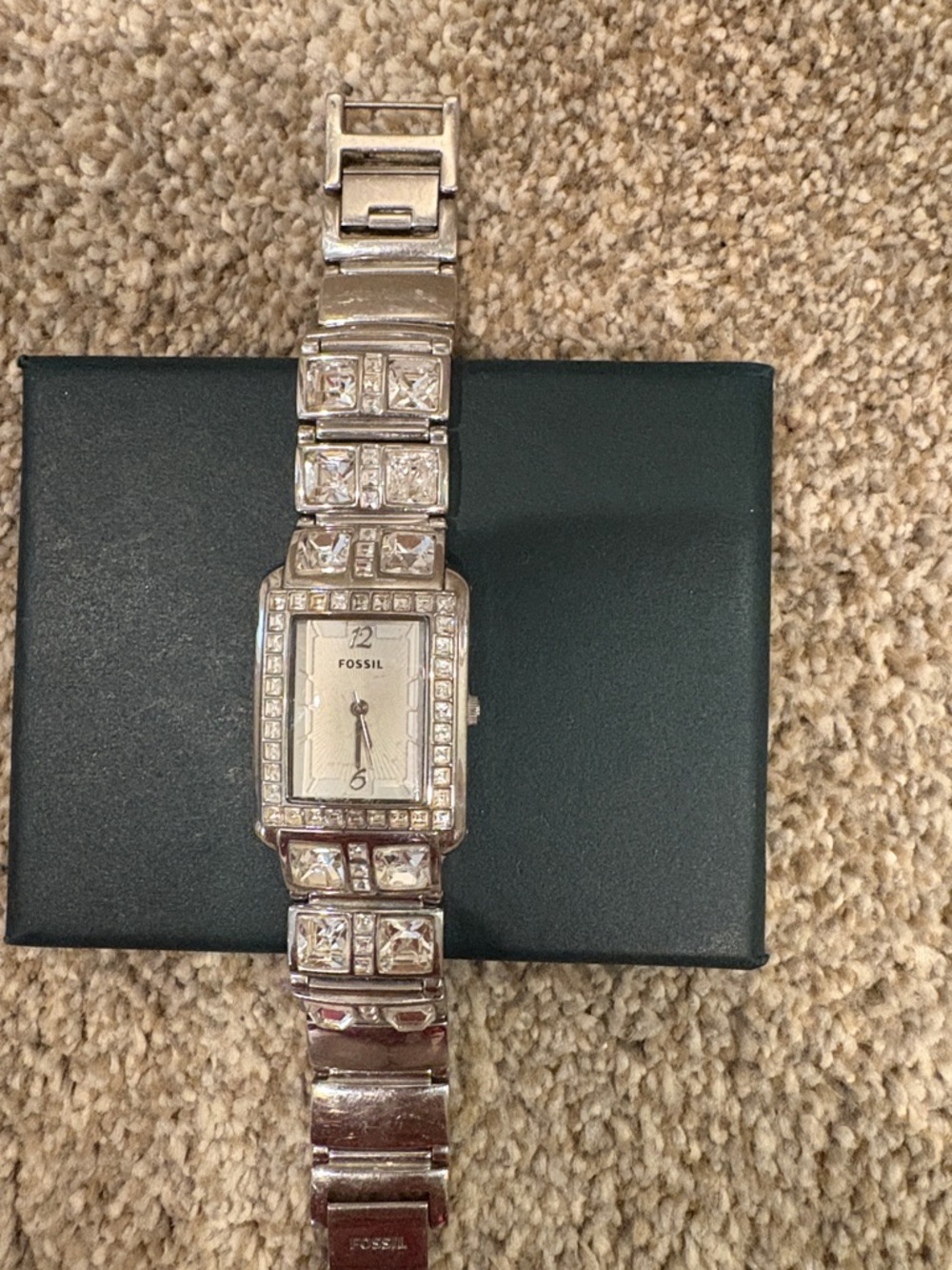Fossil Silver-tone Crystal Accent Rectangle Bracelet Watch